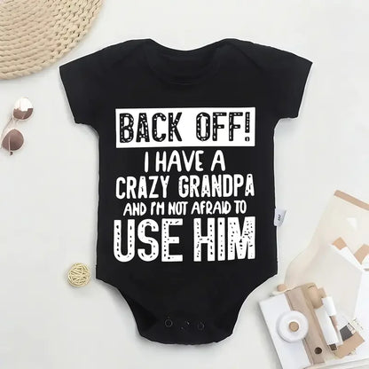 Cute Cotton Baby Bodysuit with "Back Off! I Have A Crazy Grandpa" Print Short Sleeve Baby Girl Boy Jumpsuit Kids Cotton Clothes