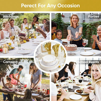 Disposable Dinnerware Set Elegant Luxury White Gold Rim Plastic Plates Gold Cutlery Cups Napkins 350 Pcs Serves 50 Guests Heavy Duty Party Tableware Set For Wedding Birthday Party Catering Showe