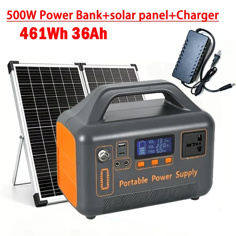 500W 220V Portable Power Station Solar Generator 461Wh 36Ah LiFePO4 Battery Power Bank for Outdoor Camping RV Emergency Energy