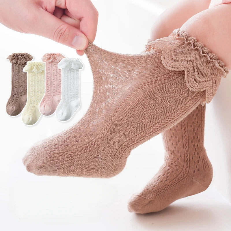 Baby Lace Princess Knee High Socks Kids Girls Boys Long Sock Cotton Mesh Breathable Children Hollow Out Socken for 0-3 Years Old