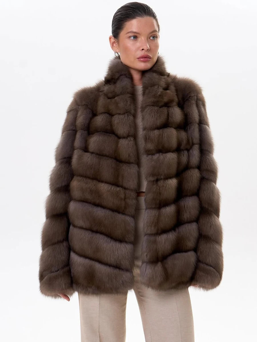 Women Winter Faux Fur Coat 2026 Warm Taupe Fluffy Plush Jacket Striped Patchwork Elegant Outerwear