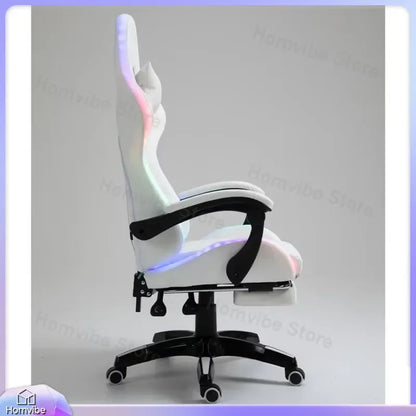 White PU Leather Gaming Chair with RGB LED Lights Massage Function Built-in Speakers Racing Style Ergonomic Design for PC