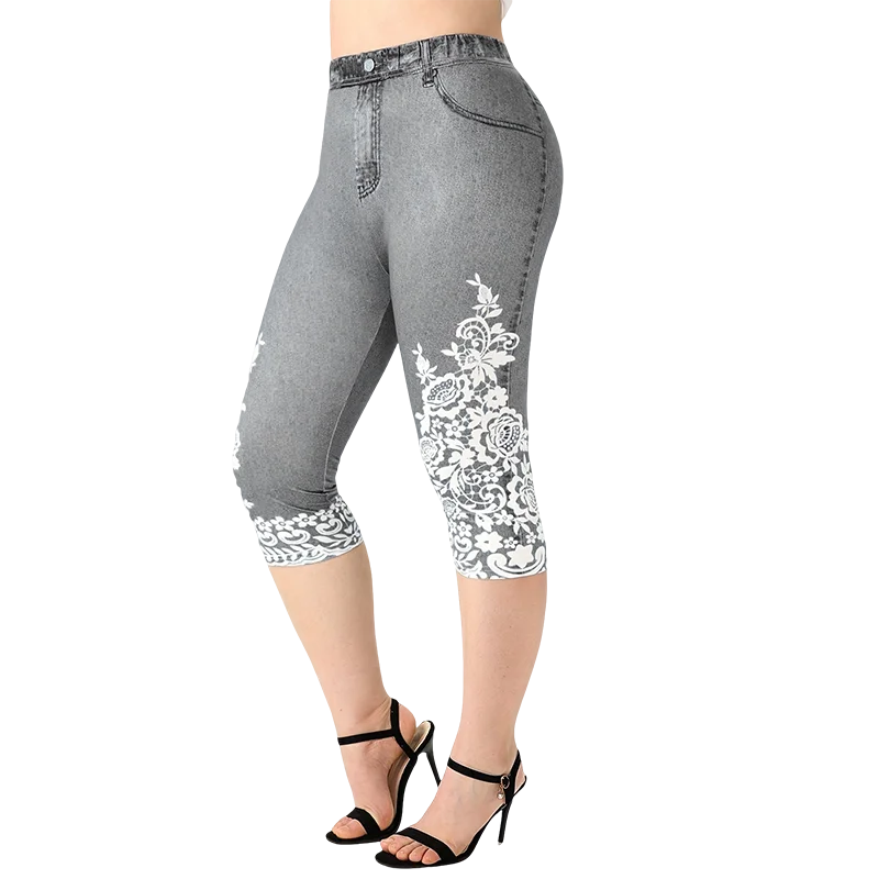 Plus Size Women's Imitation Denim Printed Tight Capri High Elasticity Knitted Fashion Casual Leggings