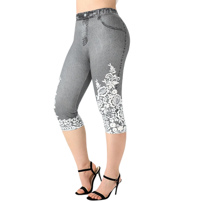 Plus Size Women's Imitation Denim Printed Tight Capri High Elasticity Knitted Fashion Casual Leggings