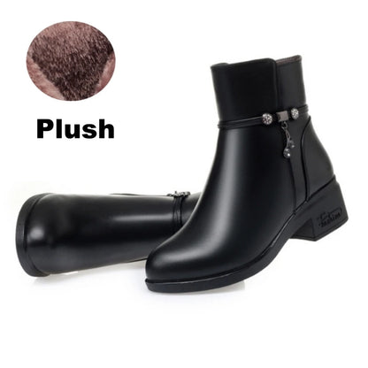 WOIZGIC Women's Mother Female Genuien Leather Shoes Ankle Boots Winter Fur Plush Wool Warm Zipper