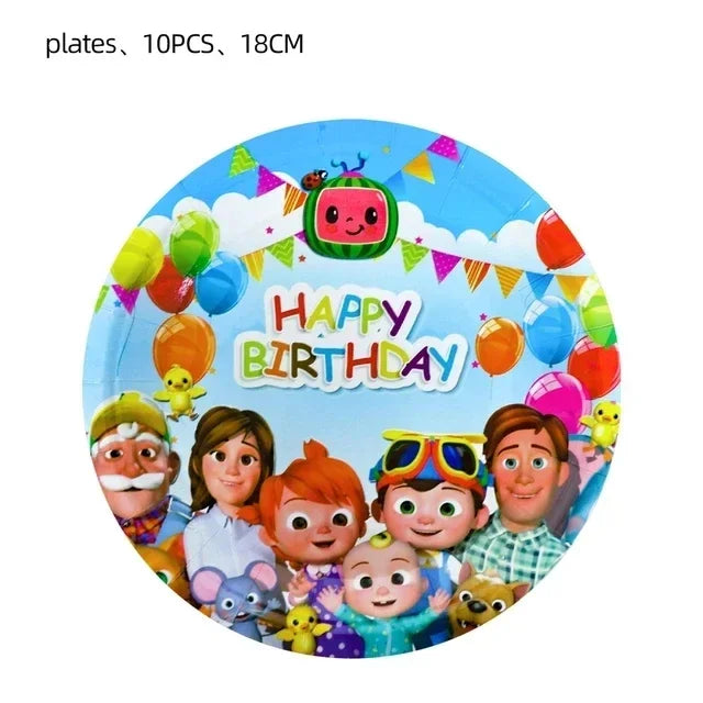 Cocomelon Balloon JJ Melon Watermelon Toy Happy Birthday Banner Party Decoration Backdrop Cake Topper JOJO Disposable Tableware