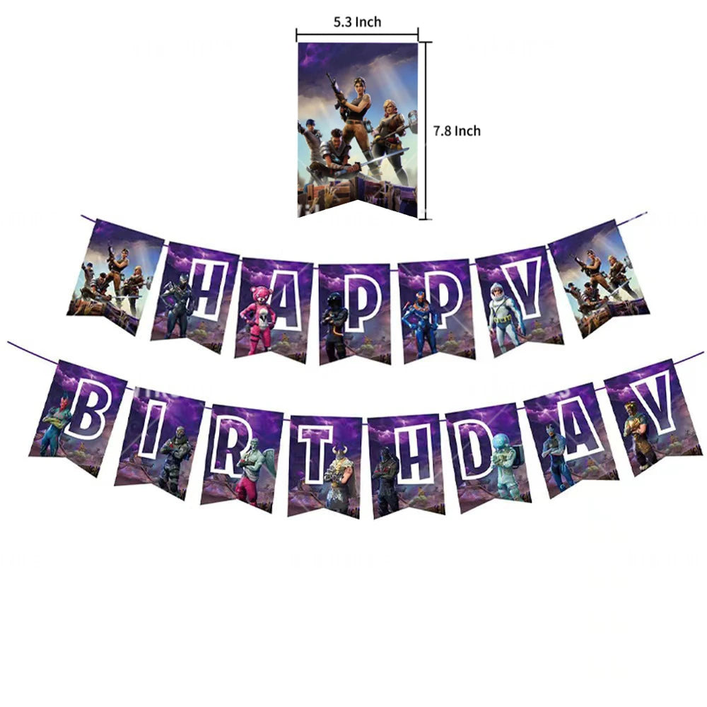 Fortnite Balloons Happy Birthday Banner Shooting Game Party Decoration Alpaca Llama Disposable Tableware Background Cake Topper