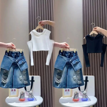 Girls' Set 2026New Mid sized Children's Short sleeved T-shirt Children's Fashionable Girls' Cowboy Five point Shorts 2 piece Set