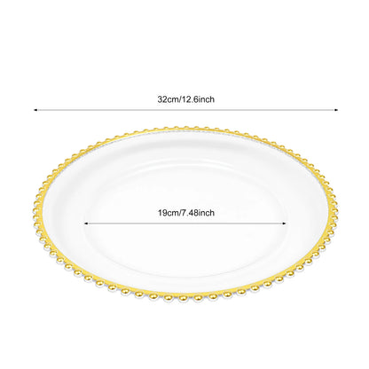 Round Clear Gold Beaded Charger Plates 25 Pack PS Plastic Dinner Under Plates 32cm Decorative Serving Plates for Wedding Banquet Party Table Decor