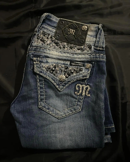 Women Bling Rhinestone Jeans Wings Pocket Embroidered Vintage Y2K Streetwear Hip Hop Dark Wash Cargo Denim Pants Fashion Trouser