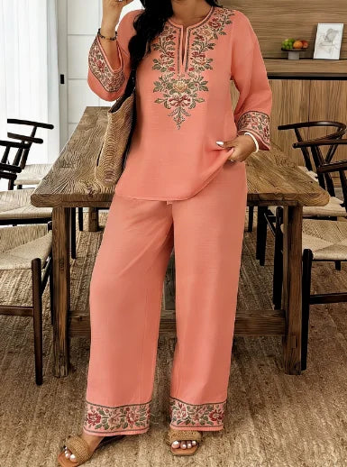 Two Piece Set Women Outfit 2026 Spring Autumn New Floral Print Round Neck Long Sleeve Loose Top & High Waist Casual Pants Set