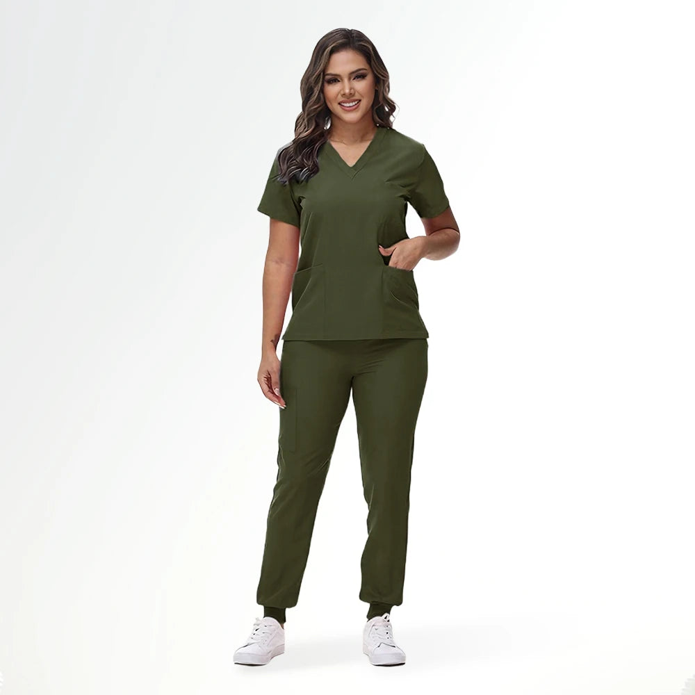 Women's Nurse Scrub Set | V-Neck Top & Jogger Pants, Stretch Jersey | Medical Workwear