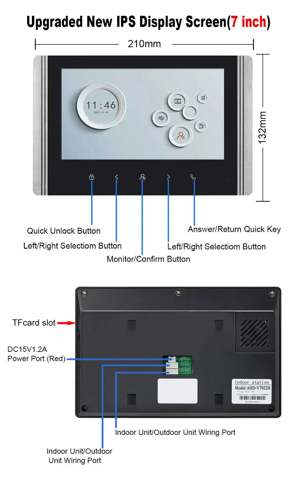 7 Inch LCD Video Doorphone Intercom Wide Angle Waterproof 1080P Camera Doorbell System for 2/3/4 Apartment Family Access Control