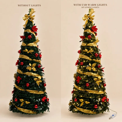 Green PVC Christmas Tree 1.5/1.8/2.1M Pre-Decorated Bow Topper Flowers,Foldable Xmas Tree Optional USB Lights Holiday Home Decor