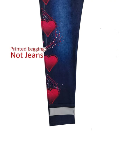 Women High Waist Faux Denim Leggings, Heart Print Skinny Pencil Pants, Stretch Non-Denim Slim Casual Streetwear Trousers