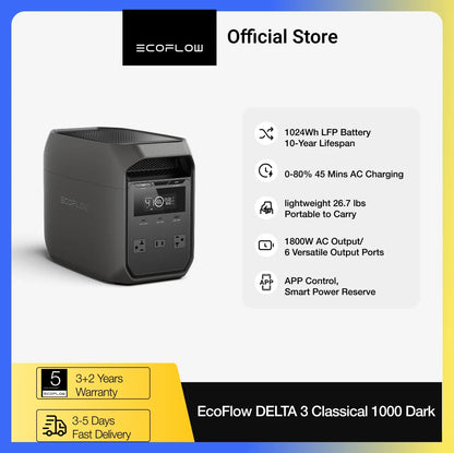 ECOFLOW Solar Generator DELTA 3 Classical Dark 1000, 1024Wh LiFePO4 Battery Portable Power Station, 1800W AC/100W USB-