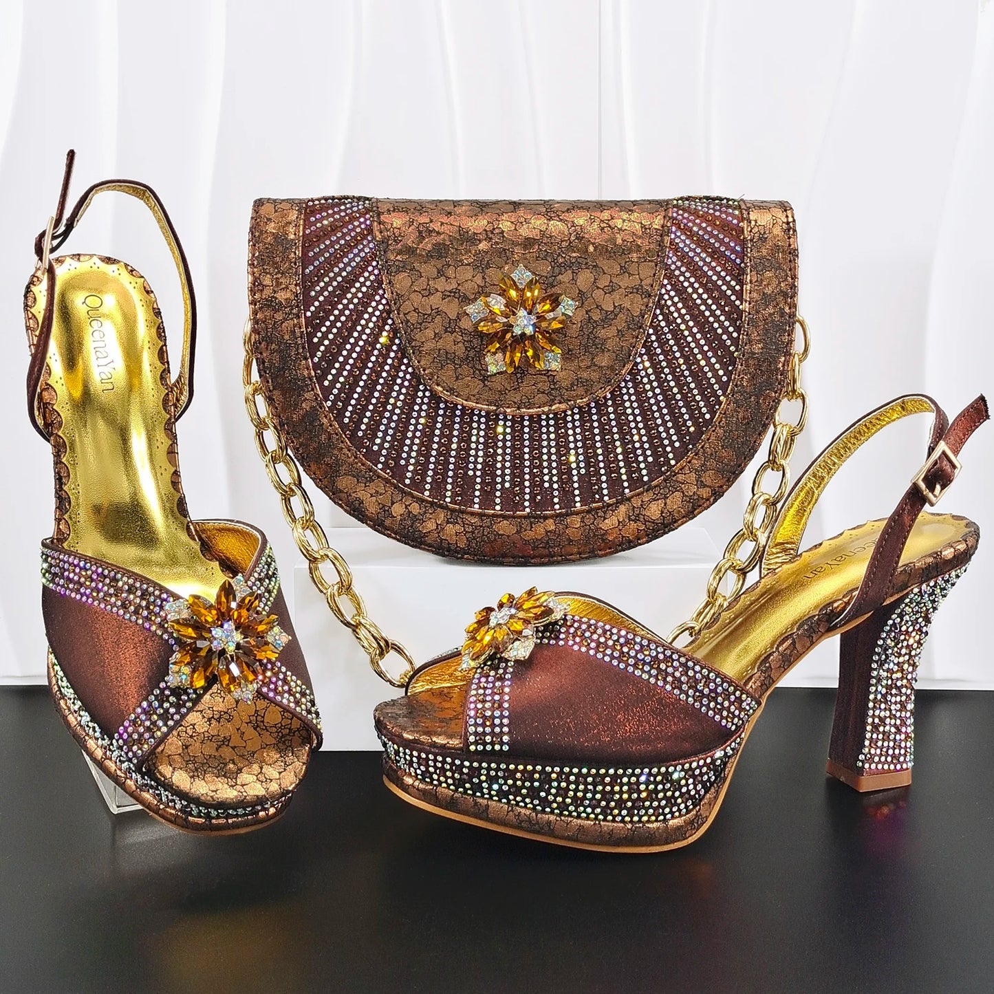 Italian Design Bigger Size Shoes and Bags Set Wedding for Women Bride Ladies High Heel HAND CRAFTED UPPER Shoes with Rhinestone