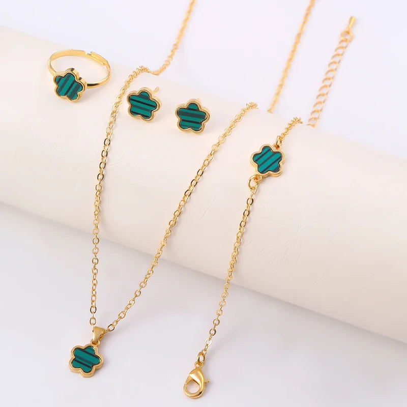 Four-Leaf Clover Five-Piece Jewelry Set, Black Gold Light Luxury Necklace, Earrings, Bracelet, Ring Set, Fashionable and Elegant Women's Jewelry, Popular Accessories