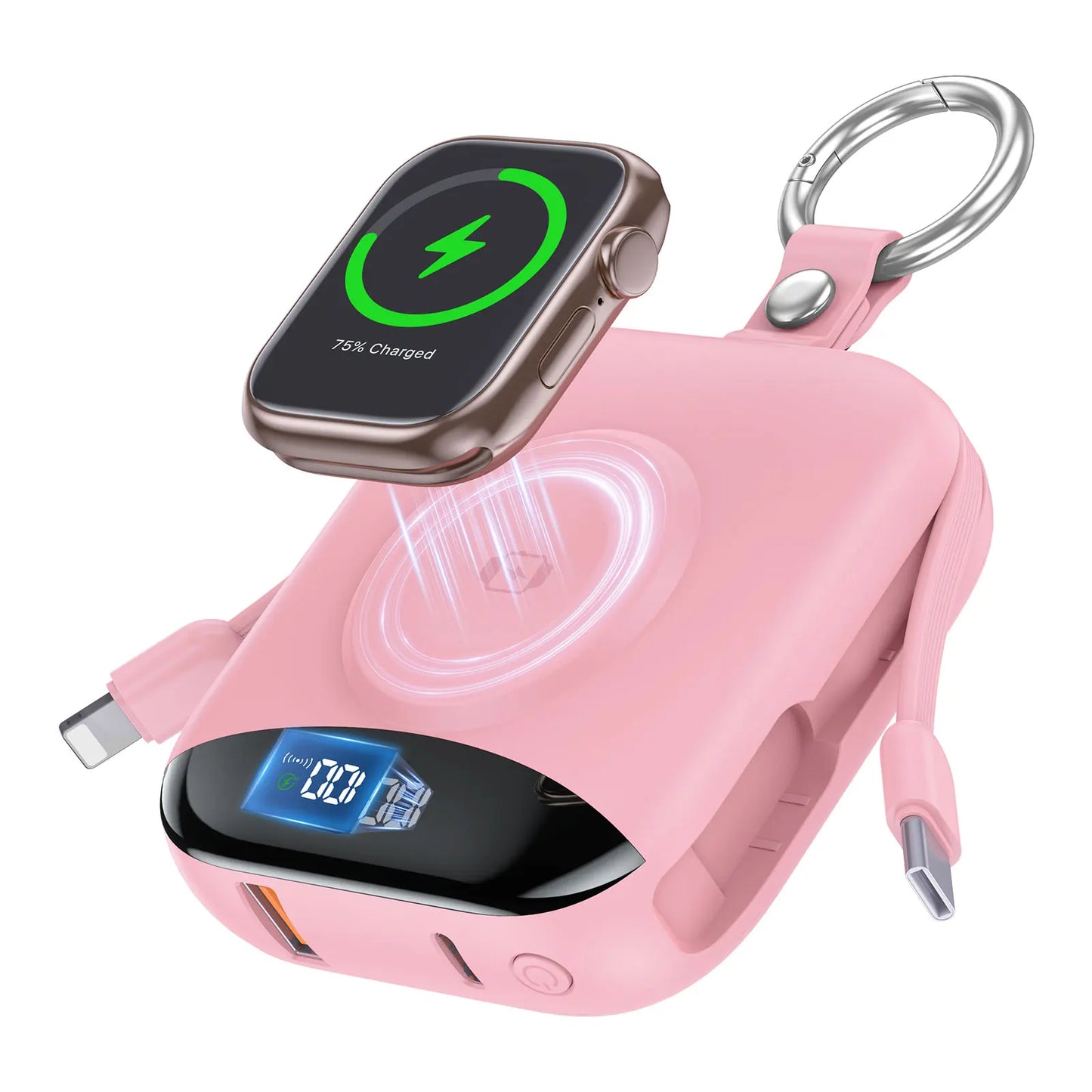 10000mAh 22.5W Fast Charging Power Bank with Built-in Cables, 4-in-1 Portable Charger with LED Display Keychain for IWatch Phone