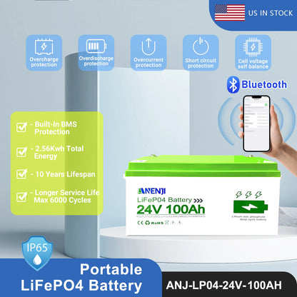 ANENJI LiFePo4 Battery 24V 100AH 25.6V 12V 100AH 1.256KWH 2.56KWH Grade A Cells Lithium Iron Phosphate Battery BMS 6000+ Cycle for Golf Cart