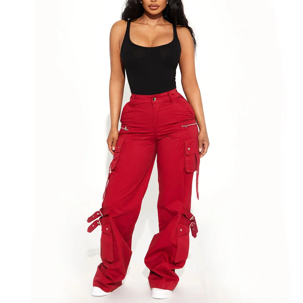 Custom Women's High Waist Cargo Pants Solid Red Canvas Loose Fit Full Length With Pockets Button Fly Utility Style OEM Supplier
