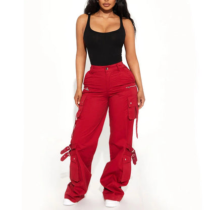 Custom Women's High Waist Cargo Pants Solid Red Canvas Loose Fit Full Length With Pockets Button Fly Utility Style OEM Supplier