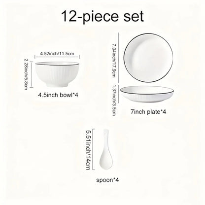 12-piece set Yamada Japanese Style Ceramic Dinnerware Set White & Black Underglaze Traditional Design Porcelain Bowls And Plates