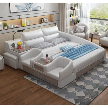 Modern Multifunctional Genuine Leather Platform Bed Frame, King Size Upholstered Family Bed with Integrated Baby Crib, Drawers