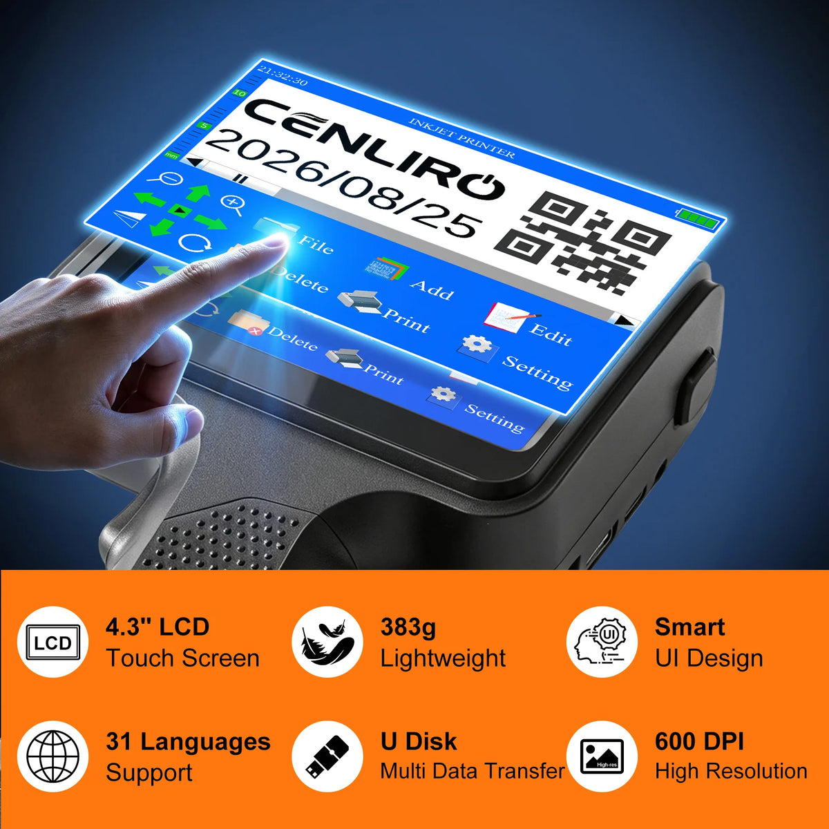 Cenliro Upgrated Handheld Inkjet Printer CL12B with Black Fast-drying Ink Cartridge for Date Batch Number Logo QR Code 600DPI