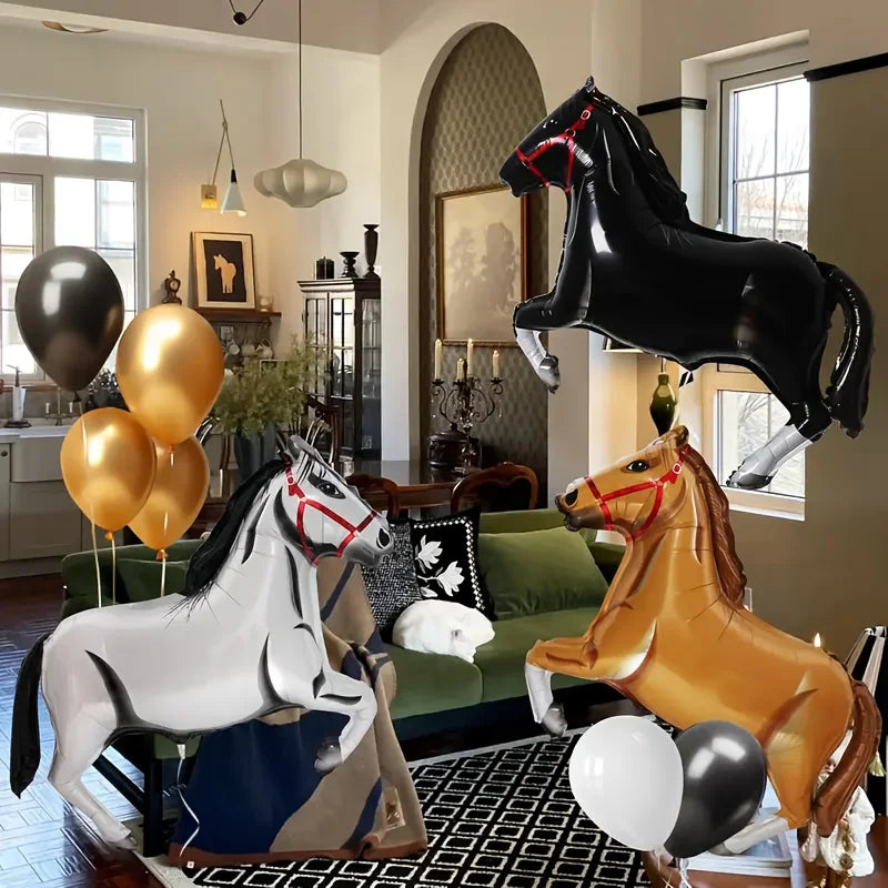 4 Western Cowboy Themed Party Balloons - Self-Sealing Aluminum Foil Horse Decorations, Brown and Black Horses with Gold Accents, Suitable for Birthdays, Father's Day, and Summer Celebrations