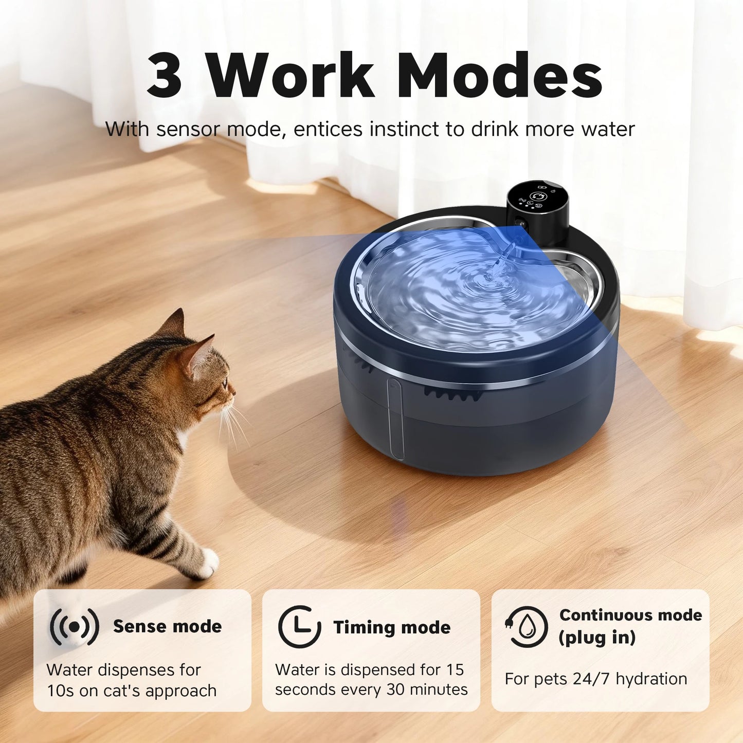 3L Wireless Cat Water Fountain Mute Pet Water Dispenser With Stainless Steel Tray and Intelligent Sensing, 4000mAh Large Battery
