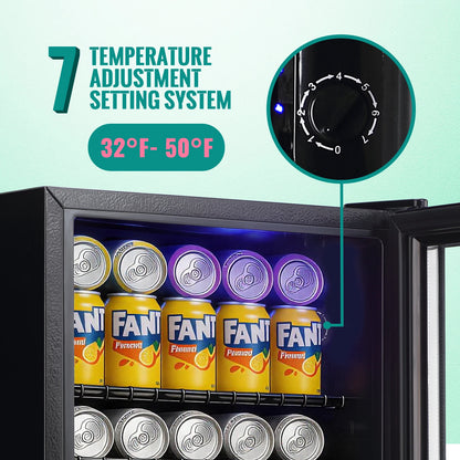 2.6 Cu.Ft Beverage Refrigerator Cooler, 100 Can Mini Fridge, Black | 32°F to 50°F, Compressor Cooling, Glass Door, 40 dB, Adjustable Temperature Control, 2 Shelves, Energy Efficient