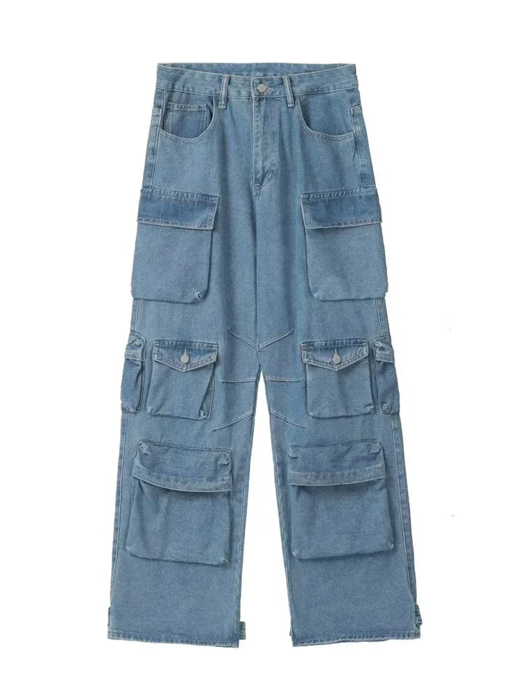 Y2K Cargo Jeans | Baggy Wide-Leg Multi-Pocket Denim | Women's Harajuku Streetwear Pants