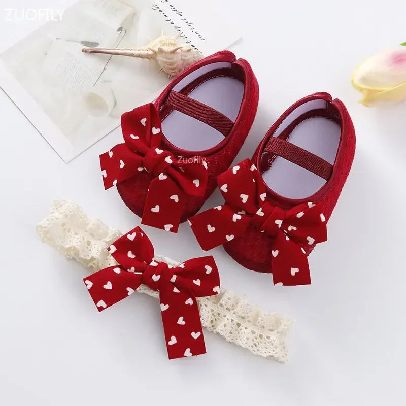 Spring Infant Baby Girl Shoes Newborn Lace Flowers Headband Anti-Slip Soft Sole First Walkers Toddler Kids Cotton Baptism Shoes