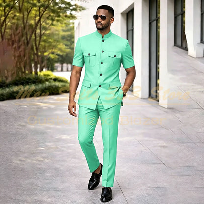 Summer Safari Men's Suits Fashion Regular Fit Short Sleeve Blazer Elegant Luxury Single Breasted 2 Piece Jacket Pants Outfits