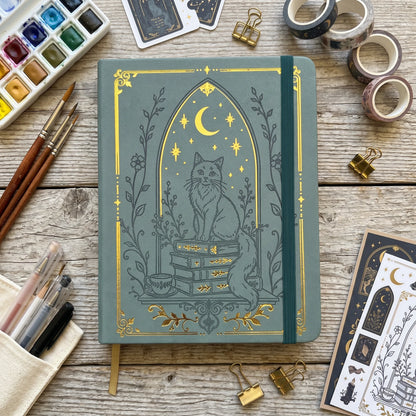 B6 Dot Grid Notebook, 160gsm Ivory Paper, 5mm Dotted Pages, Lay-Flat Hardcover with Gold Foil Cat Moon Design, Elastic Closure