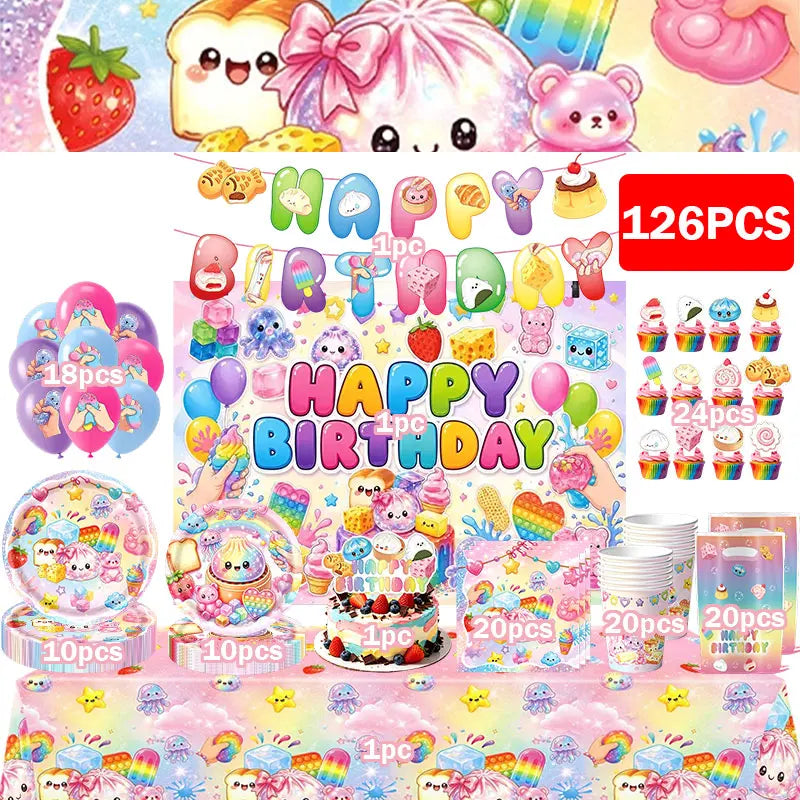 Squishy Bao Bun Themed Birthday Party Decorations Set Tableware Paper Plates Cups Cute Squishy Gift Bags Balloon Banner Supplies