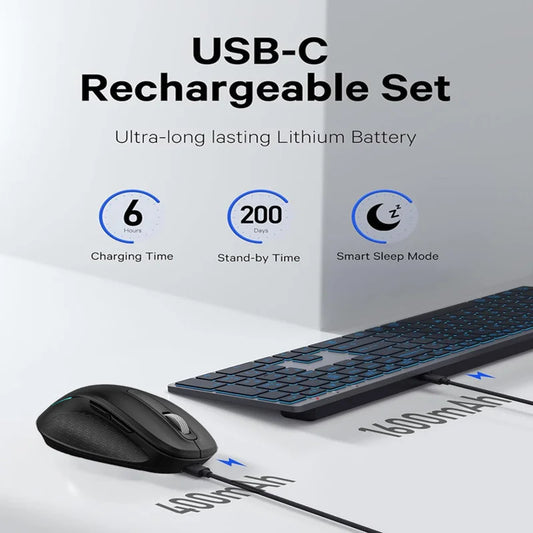 JOMAA Bluetooth USB Wireless Keyboard Mouse Set for Computer Laptop Tablet Colors Backlit Keyboard Set for Windows Macos