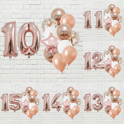 13 Pcs Rose Gold Mixed Balloons 32 Inch Foil Number Ball 10 11 12 13 14 15 Years Old Girls Birthday Party Decorations Supplies