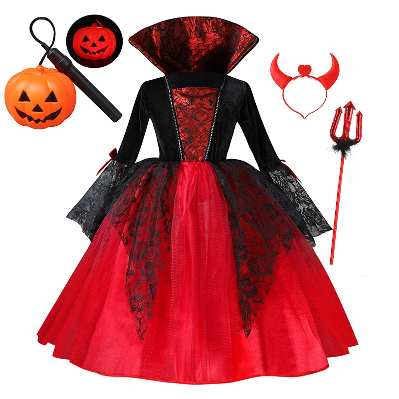 Kids Girls Vampire Devil Cosplay Dress Complete Set with Accessories Halloween Theme Party Costume Holiday Gift for Girls