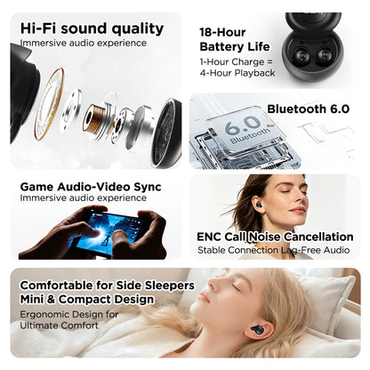 HTC NE91 Sleep Earbuds Wireless Bluetooth Earphones Comfortable To Wear Headphones ANC Noise Cancelling Low Latency Clear Sound