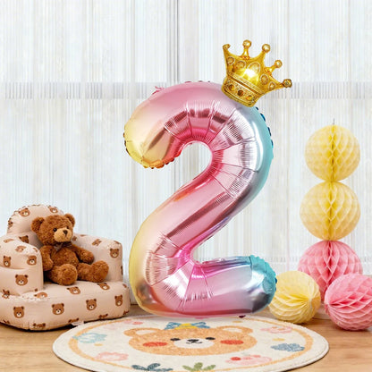 32Inch Gradient Number Crown Balloons 1-9 Digit Foil Helium Balloon Baby Shower Kids And Children's Birthday Party Decoration