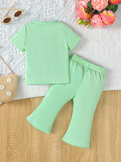 2Pcs Set Baby Girl Casual Pants Suit Summer Children Letter Pattern Printed T-Shirt & Flared Pants for Casual Outdoor Wear