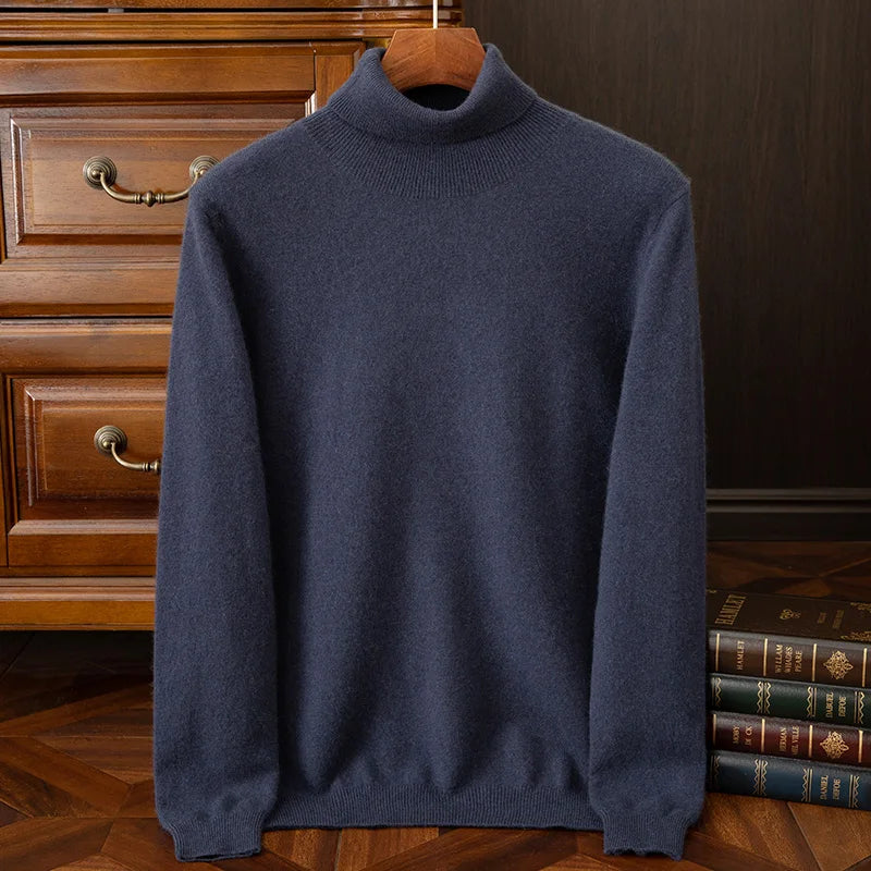 100% cashmere men's pullover business casual solid knitted sweater loose Pull Turtleneck Tops basic Turn down collar Jumper