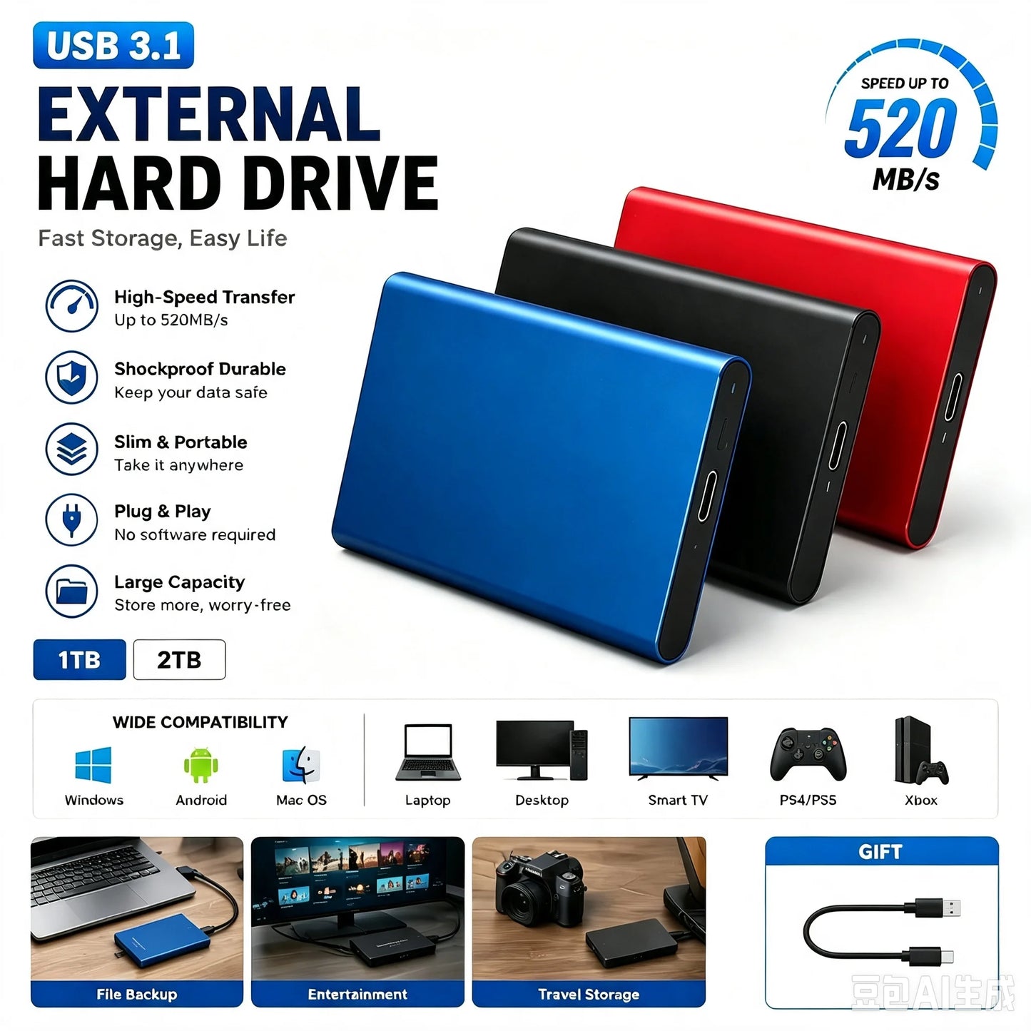 2TB External Hard Drive 4TB Portable SSD USB-C High-Speed Storage Disk for File Backup Compact & Durable