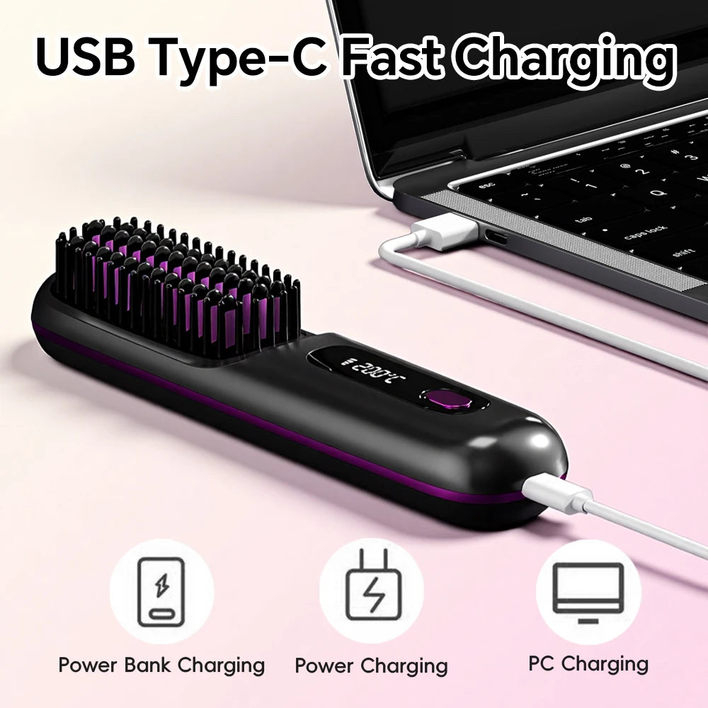 Ionic Straightening Comb, Hair Straightener Brush Ceramic Hot Comb for Women - 20s Fast Heating, 3 Temp Settings and LED Display