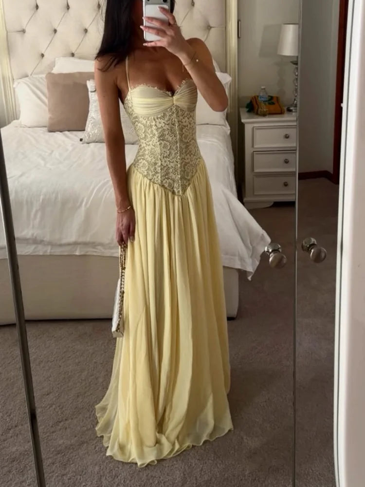 Sexy Yellow Lace Corset Maxi Dress Women's Spaghetti Strap Ruched Bust Flowy Chiffon Long Gowns 2026 Lady Evening Party Wear