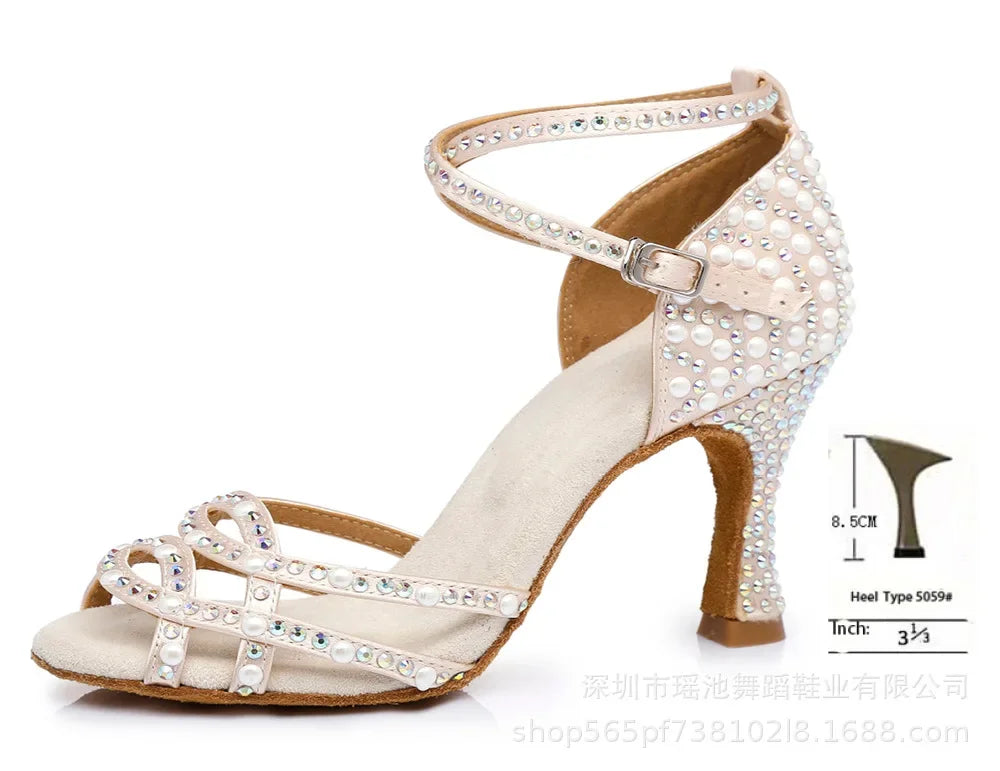 2026 New Pearl Inlaid Latin Cha Heels Modern Jazz Dance Salsa Dance Shoes Square Ballroom Dance International Dance Shoes