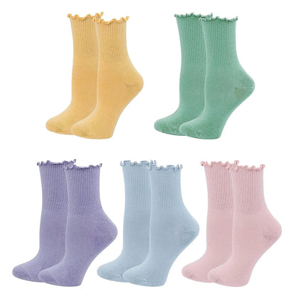 1/5 Pairs Women Ruffle Frilly Socks Black White Novelty Funny Ankle Socks Cute Solid Breathable Fashion Crew Socks