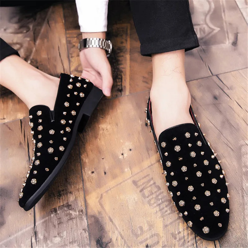 Trendy New Wedding Dress Rock Punk Rivet Suede Leather Shoes For Men Driving Loafers Prom Homecoming Party Footwear Zapatos